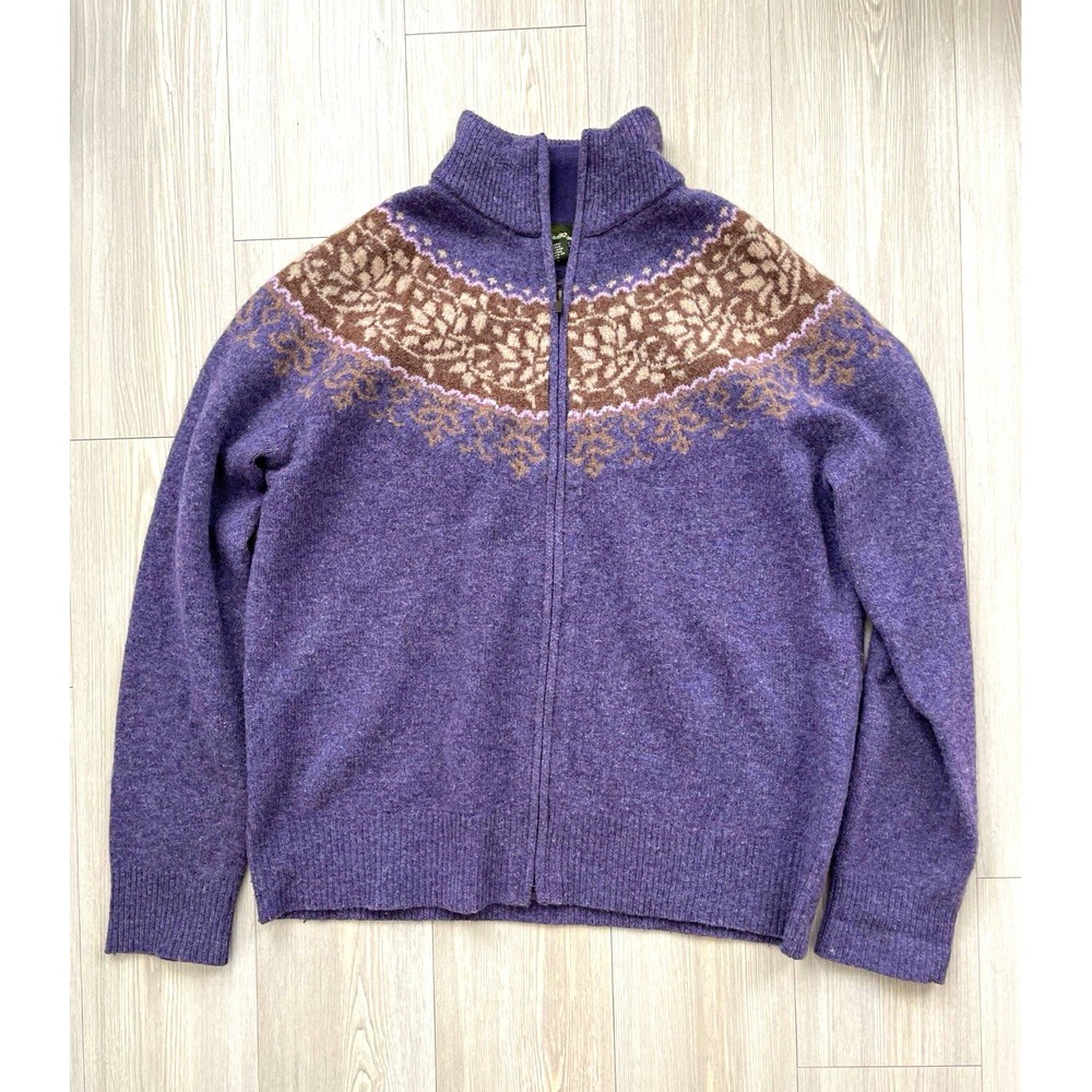 Eddie Bauer Collectibles Men's Purple Fair Isle Full Zip Wool Knit Cardigan XL